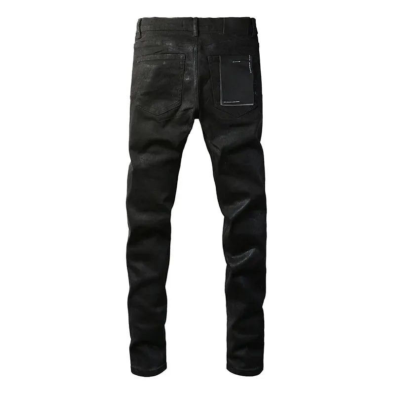 Men's American High Street Distressed Solid Black Coated High Stretch Skinny & Slim Fit Jeans Pant