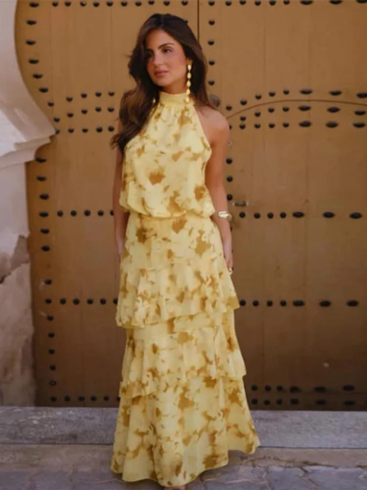 Cetak Bunga Potongan Leher Halter Gaun Maxi Berperingkat Ruffle Tanpa Lengan 2026 Musim Panas Wanita Pakaian Percutian Fesyen Boho Wanita Vestido