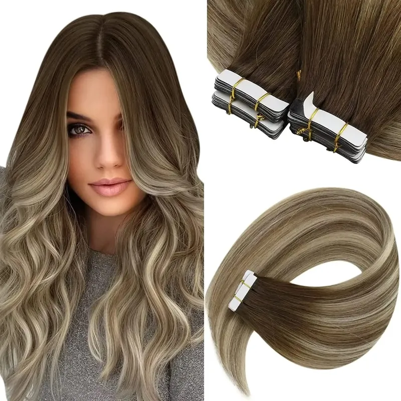 [Low Price] VeSunny Tape In Human Hair Extensions Human Hair Black Caramel Blonde Straight Hair 18 inches