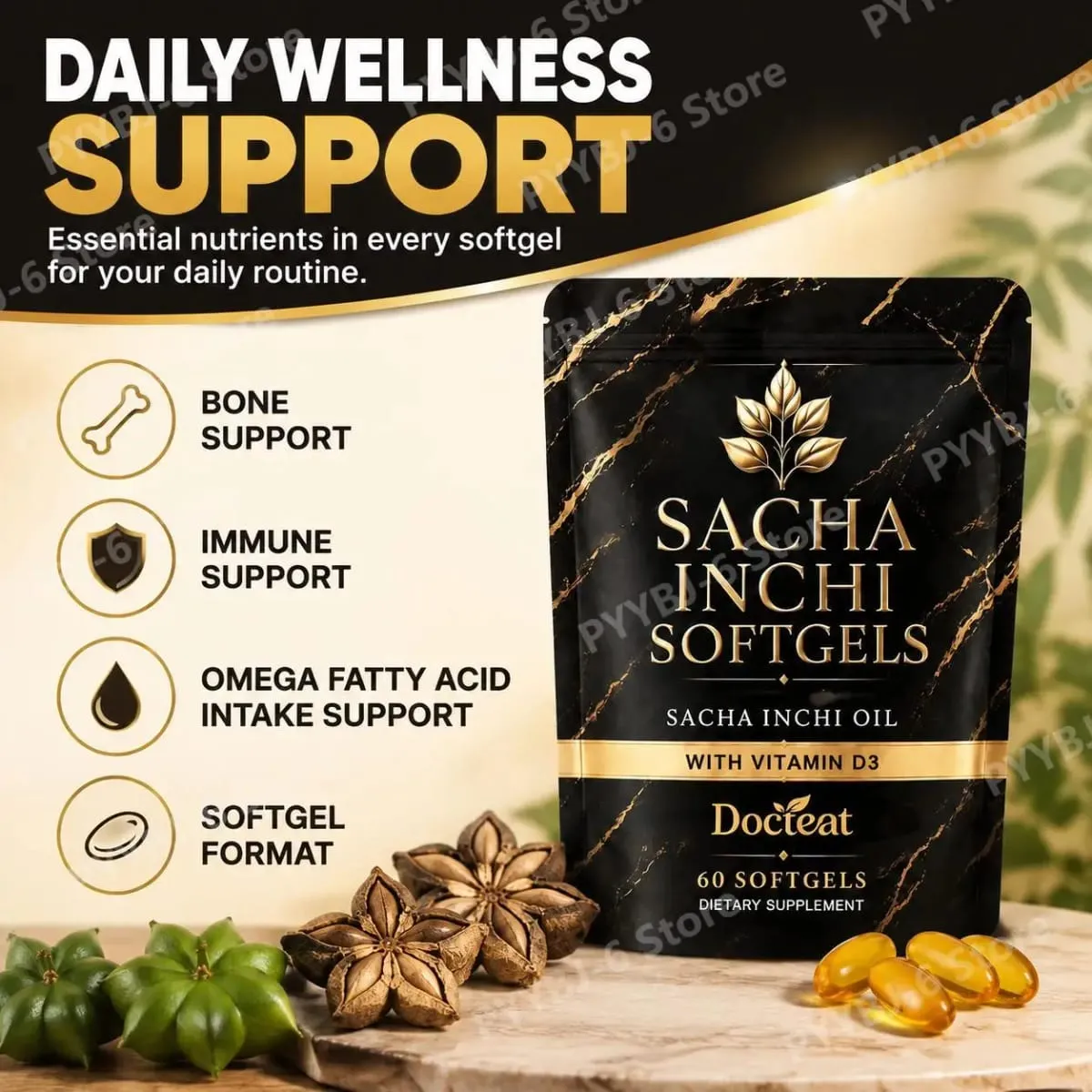 كبسولات هلامية من زيت Docteat Sacha Inchi مع فيتامين D3 المشتق من الأشن لدعم العظام والمناعة وامتصاص الكبسولات الطرية 60 كبسولة هلامية