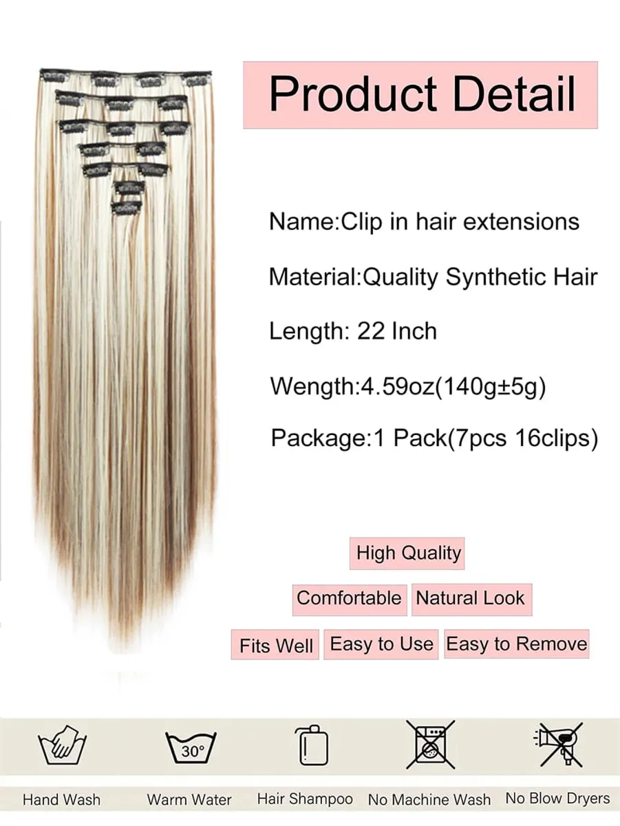 Clip in Hair Extensions 22 Inch Brown Mix Blonde Long Hair Extensions Clip Ins 7PCS Soft Synthetic Hairpieces for Women