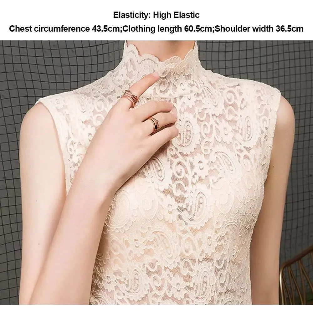 Elegant Half High Collar Floral Tank Tops Hollowed-out Black White T Shirt Sleeveless Vest Women Girls