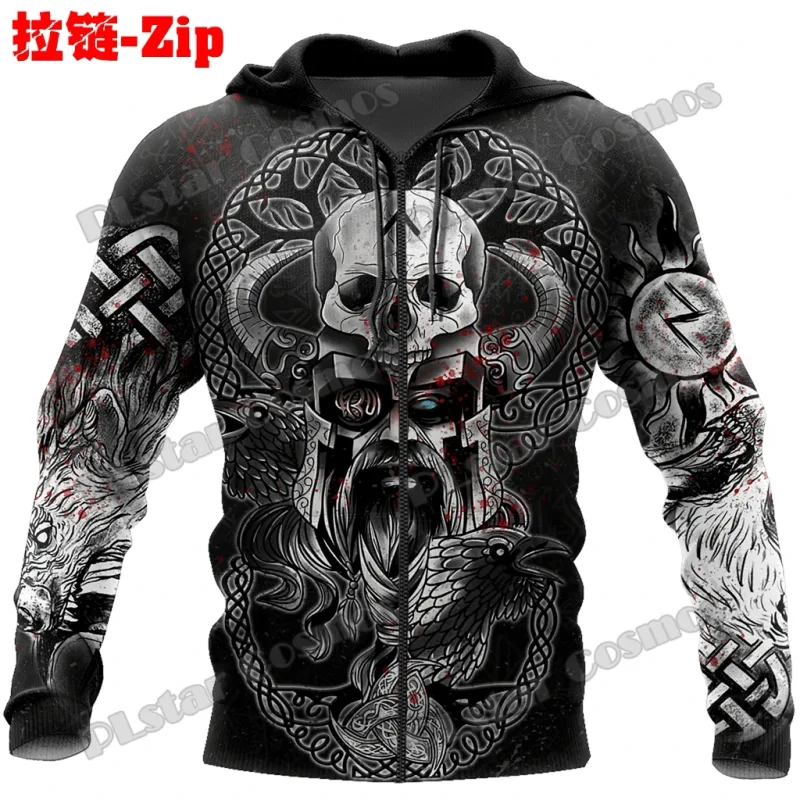 Raven Odin Tattoo Helm of Awe Runes 3D Printed Fashion Men's Zipper Hoodie Autumn Streetwear Unisex Casual Zip Up Hoodies HW62