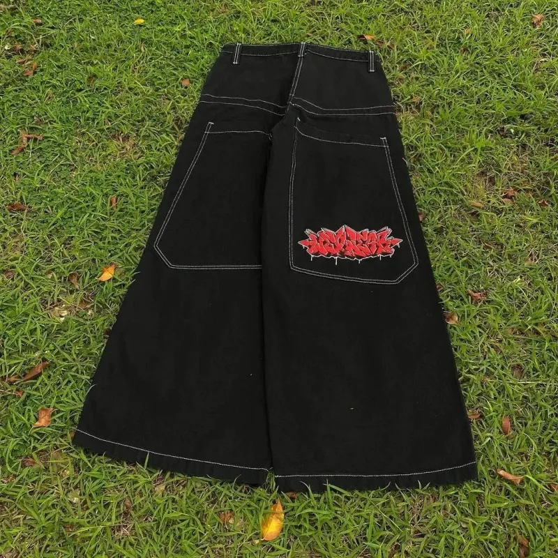 Y2K Jeans Longgar Bordir Hewan Kelelawar Celana Denim Gotik Hip Hop Hitam Pria Antik Celana Panjang Kaki Lebar Lurus Wanita Mode