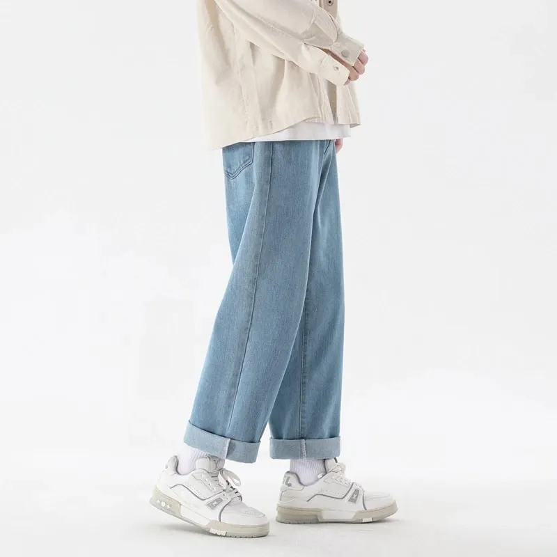2023 New Korean Fashion Men's Casual Ankle-Length Jeans Classic Man Straight Denim Wide-leg Pants Light Blue Grey Black 3XL