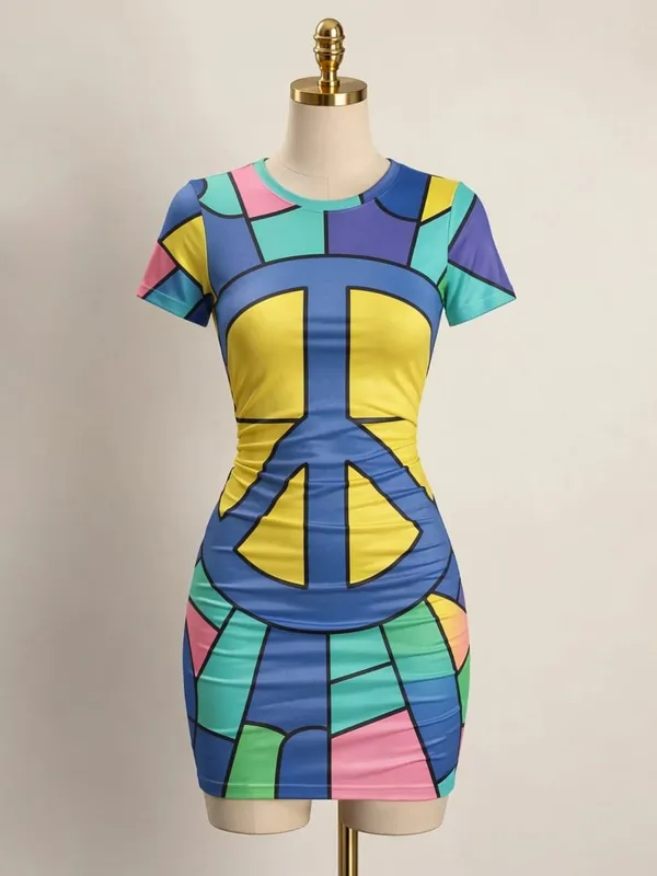 Pakaian Mini Bodycon Lengan Pendek Wanita Slim Fit Leher Krew Cetak Bunga Kasual Pesta Musim Panas Comel Regangan Bergaya Sundress
