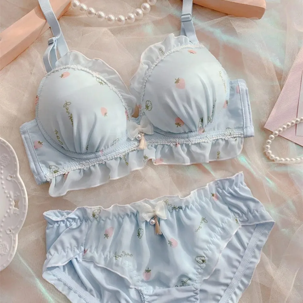 Cute Strawberry Print Wireless Thin Cup Push Up Bra Panty Set Kawaii Japanese Comfort Underwear For Small Chest Daily Wear S-XL