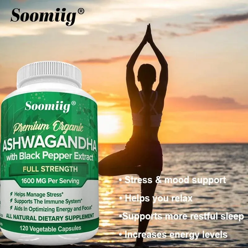Ashwagandha Root Extract Capsules 1600mg with Black Pepper Stress Relief Brain Clarity Focus Energy & Sleep Health Support