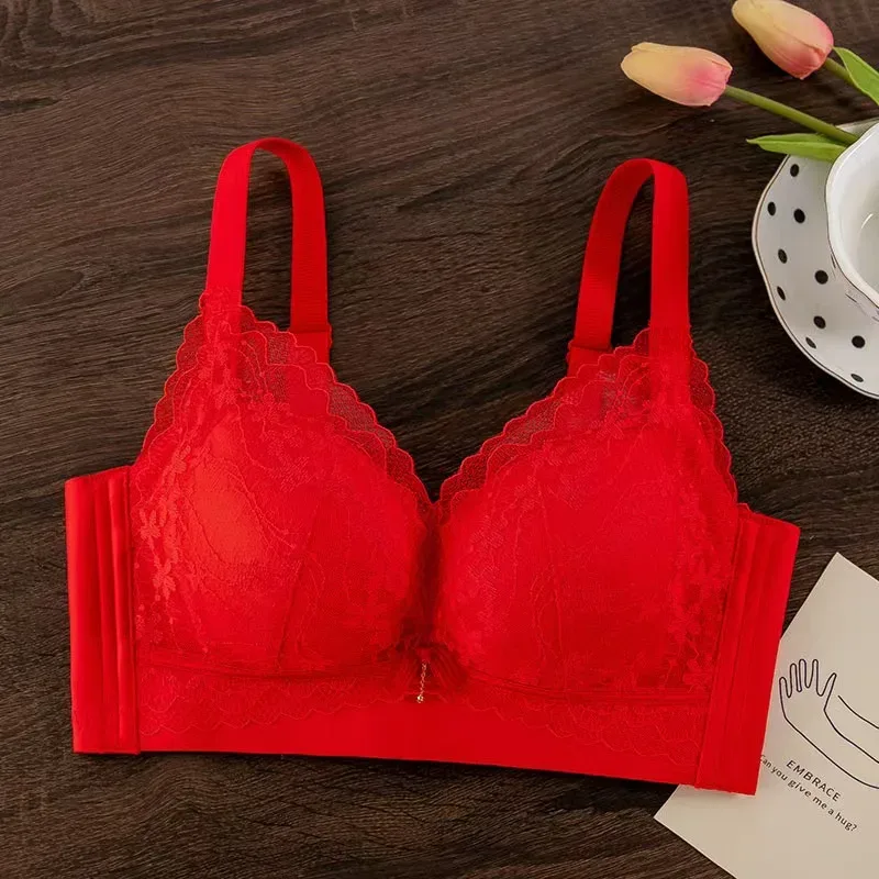 Sexig spetsförtjockad push-up-bh för små bröst Anti-sagging Justerbar bekväma trådfria underkläder