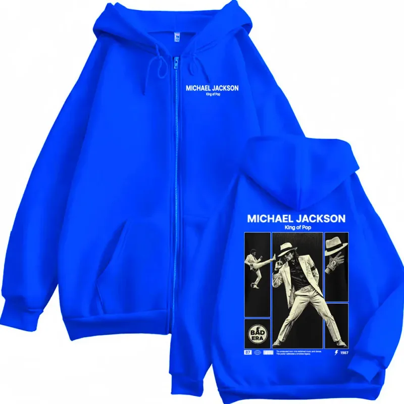 Michael Jackson King Of Pop Zip Up Hoodie Pakaian Pria Klasik Vintage Jaket Kaus Harajuku Bulu Ritsleting Berkerudung Mantel