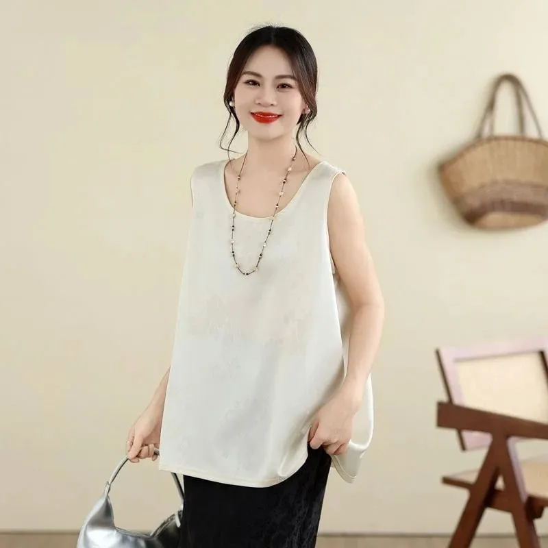New Chinese Style Jacquard Satin Tank Top Middle Aged Women Loose U Neck Sleeveless Blouse Elegant Acetate Vest For Moms
