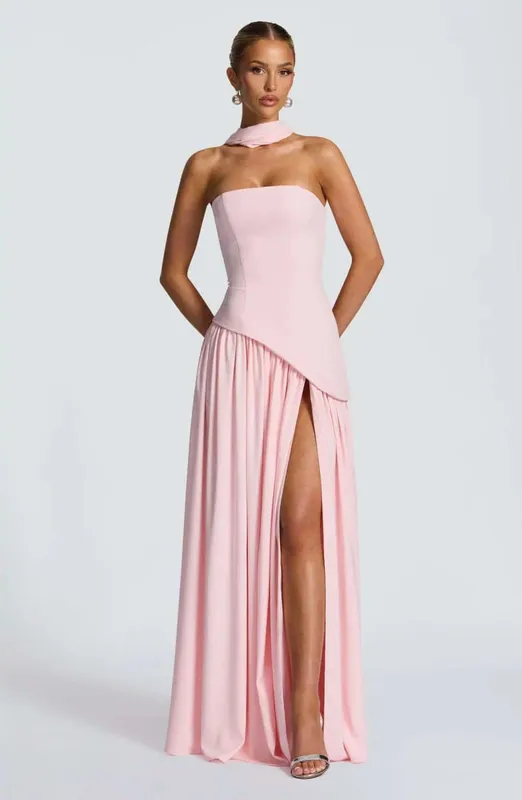 Elegant Off-shoulder Strapless Sexy Summer Party Women Gown Patchwork Pleat Scarf Neck Holiday Evening High Split Long Dresses