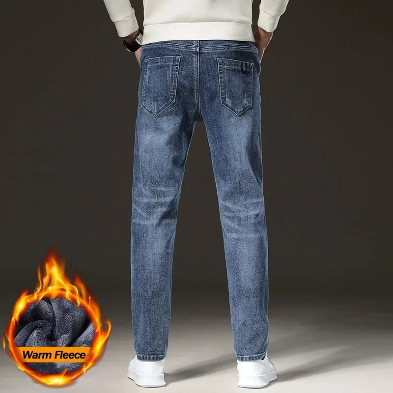 Warm Winter Jeans Men's Fleece Light Blue Slim Straight Denim Pants High Quality Thicken Velvet Elastic Comfort Casual Trousers
