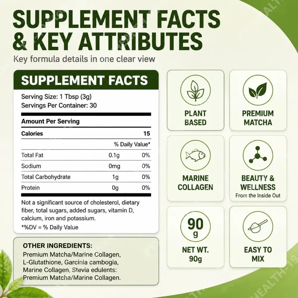 Matcha Collagen Powder Premium Matcha Marine Collagen L-Glutathione For Skin Hair & Joint Wellness Support Formula Adult 90g