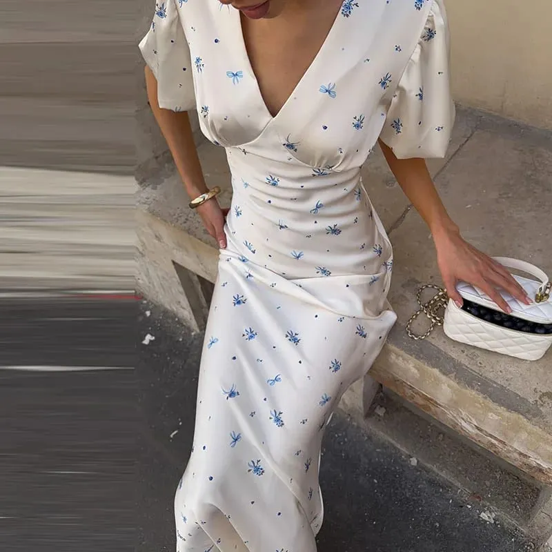 Elegant Women's Printed Waistband Long Dress 3D Flower V-neck Bubble Sleeve Patchwork A-line Dresses 2026 Spring Party Robe