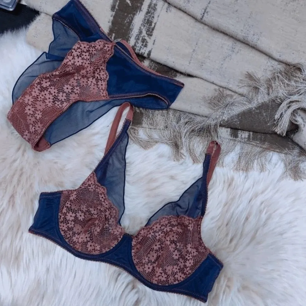 Sweet Mesh Lace Flower Bra Set Brassiere Lingerie Push Up Bra Women Seamless Thin Mesh Bra Panties Kit Girl