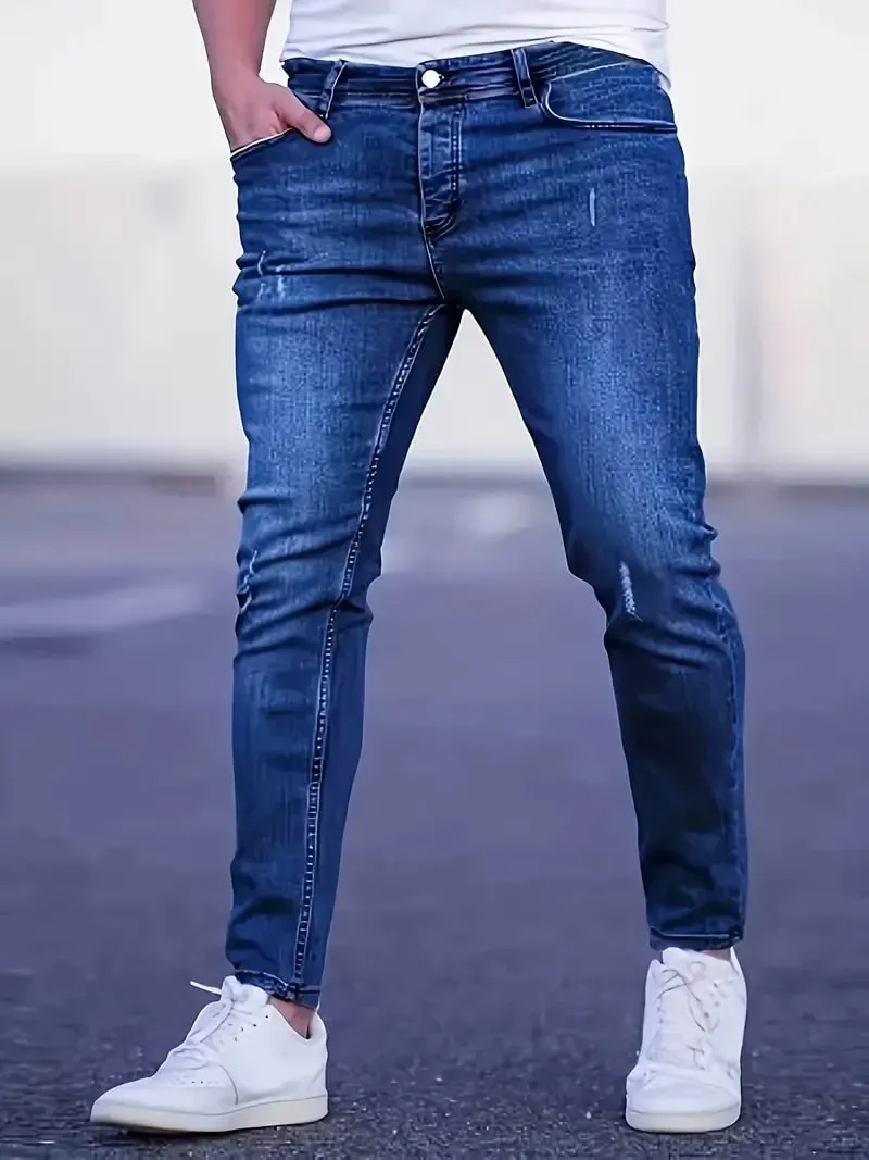 Men's Slim Fit Stretch Denim Jeans with Ripped Detail & Contrast Stitching Fashion Streetwear Casual Trousers for Daily Wear — image 1