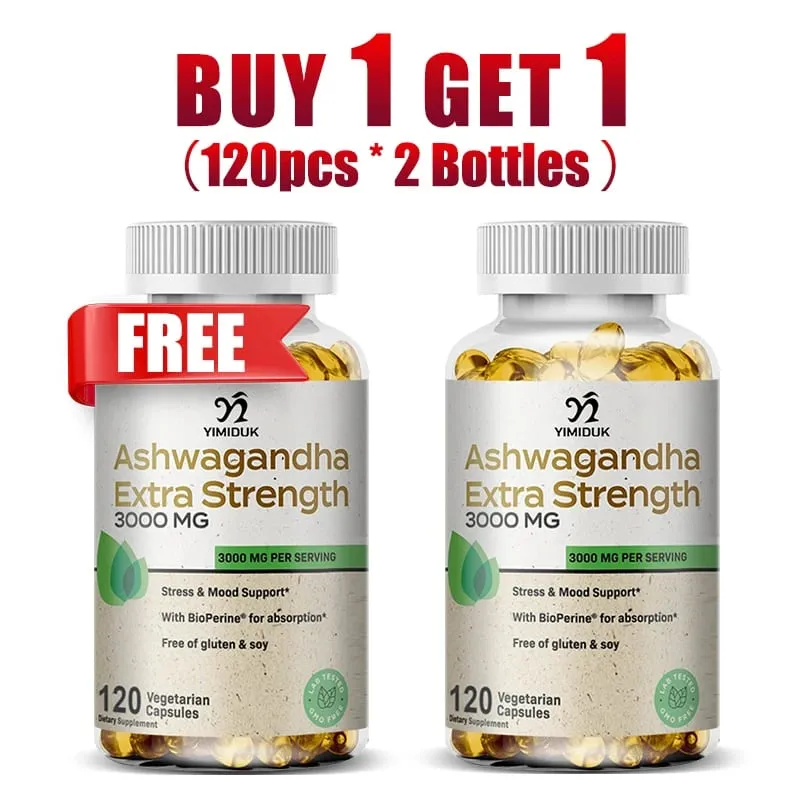 Buy 1 Get 1 Free! Pure Ashwagandha Extra Strength 3000mg Supplement for Stress Relief & Sleep Deep Relaxation & Mental Clarity