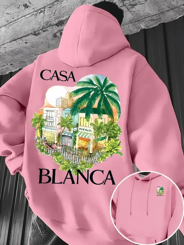 Men's Fall/Winter Fleece Hoodie with Tropical Palm City Landscape Print Warm and Loose Fit Street Style Hooded Sweatshirt