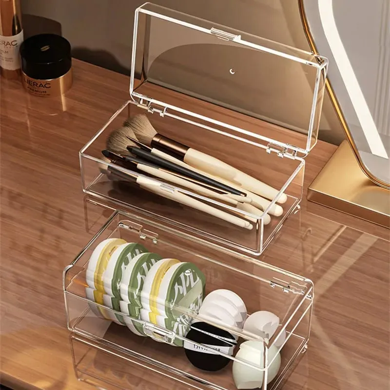 Stackable Acrylic Makeup Brushes Storage Box with Lid Clear Makeup Sponges Organizer Dustproof Cosmetic Tools Puff Storage Case