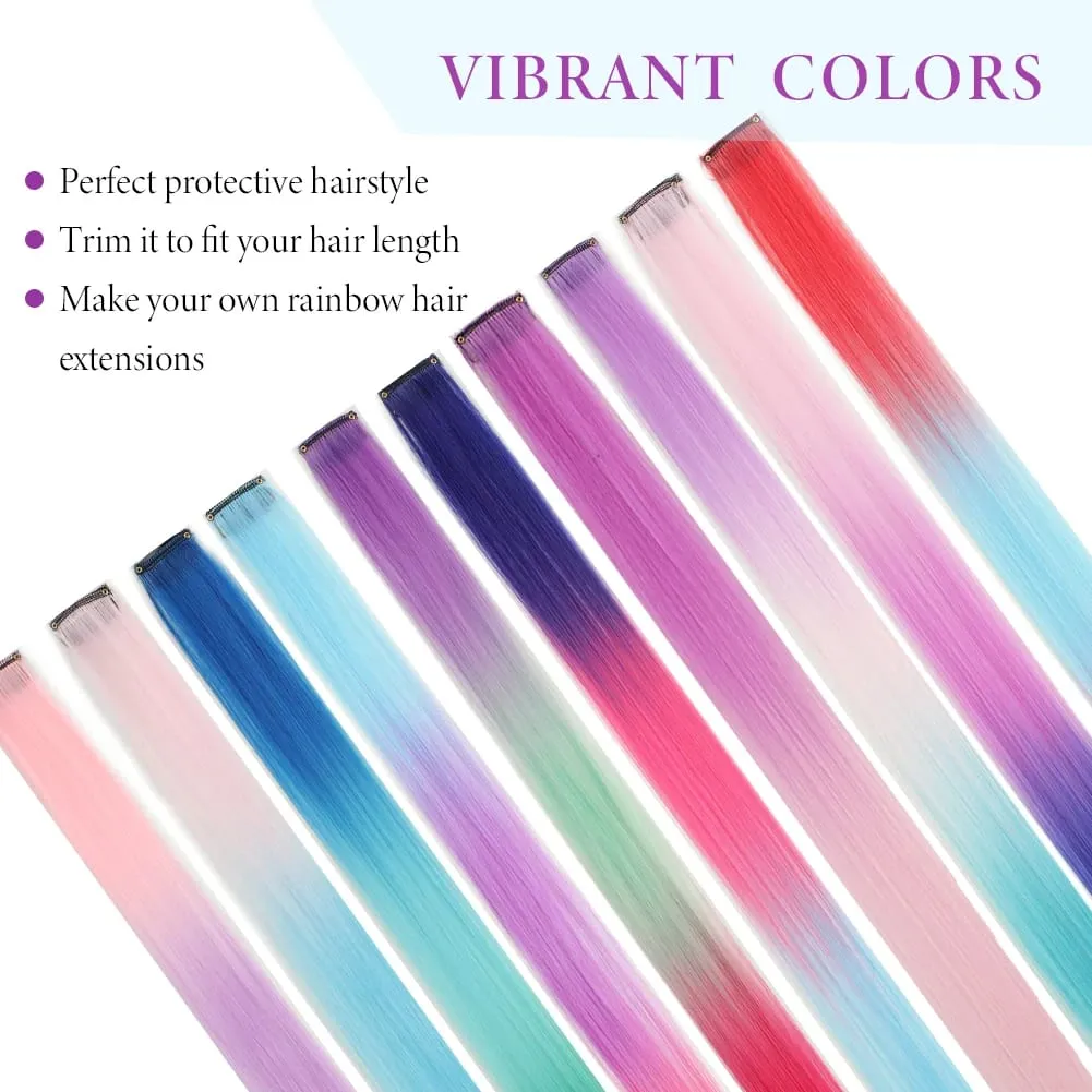 Extensions de cheveux synthétiques à clips, postiches colorées à reflets de fête pour filles, cheveux lisses multicolores de 18 pouces, 5 pièces/ensemble