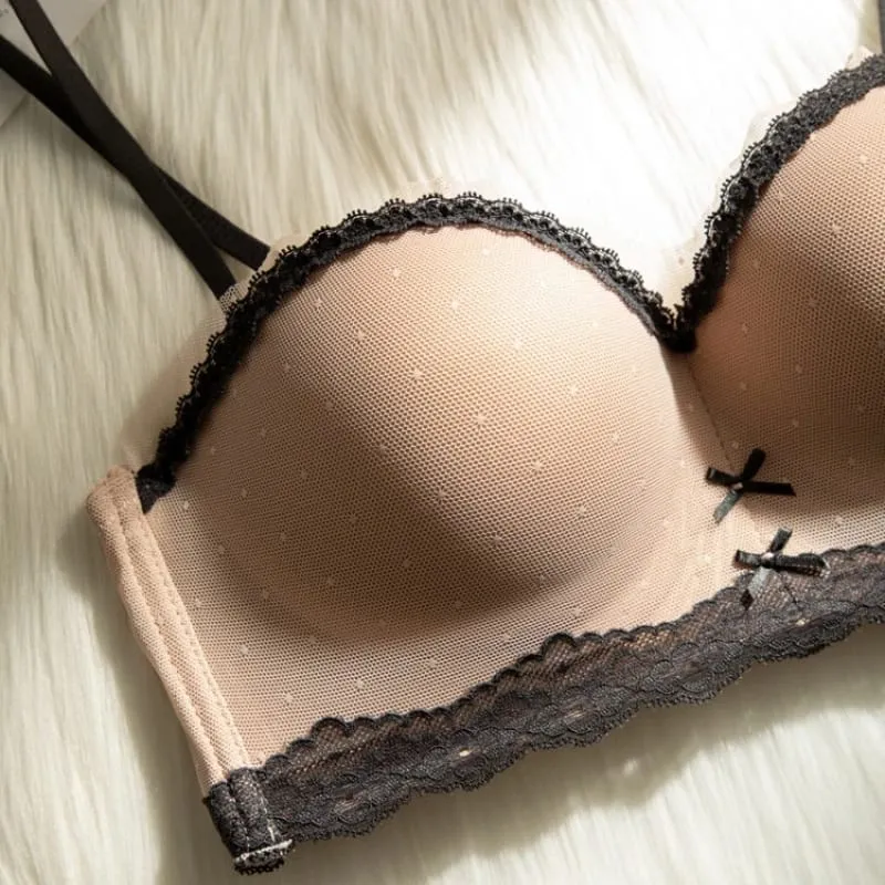 Sexy Mesh Wire Free Underwear Set Women Lace Dot 1/2 Palm Cup Push Up Bra Summer Detachable Strap Lingerie and Panties Sets — image 6