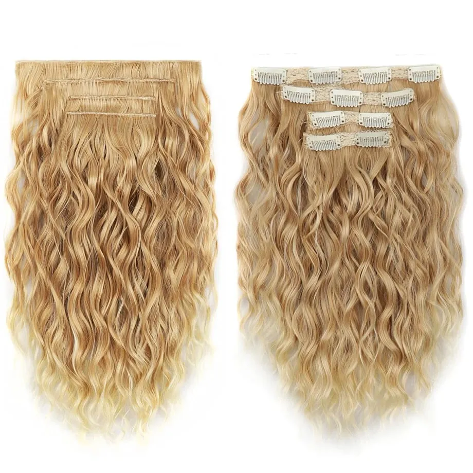4Pcs Curly Clip in Hair Extension Synthetic Hair Mixed Color Silky Soft Natural Look Invisible Lace Weft Hairpieces for Women