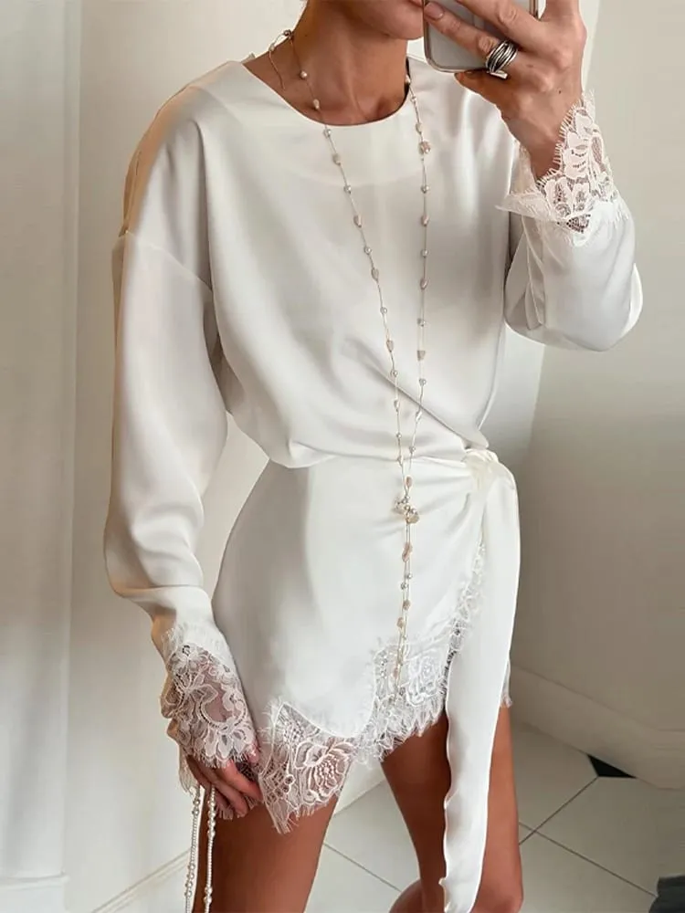 Loose Satin Mini Dress Women O Neck Long Sleeves Lace Patchwork Straight Vestidos Female 2026 Spring Summer Chic Solid Dresses