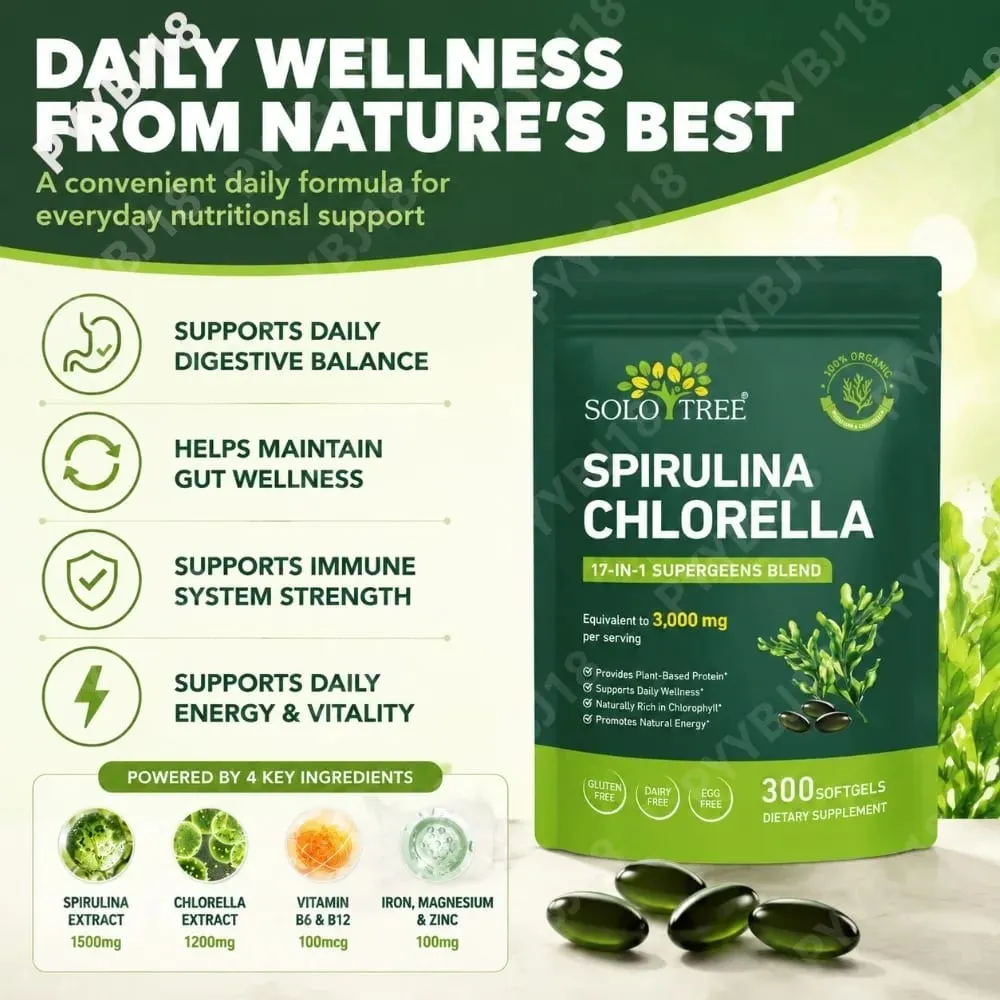 Solo Tree Spirulina Chlorella Softgels with Organic Microalgae Vitamin B6 B12 Digestive Balance & Immune Support 300 Softgels