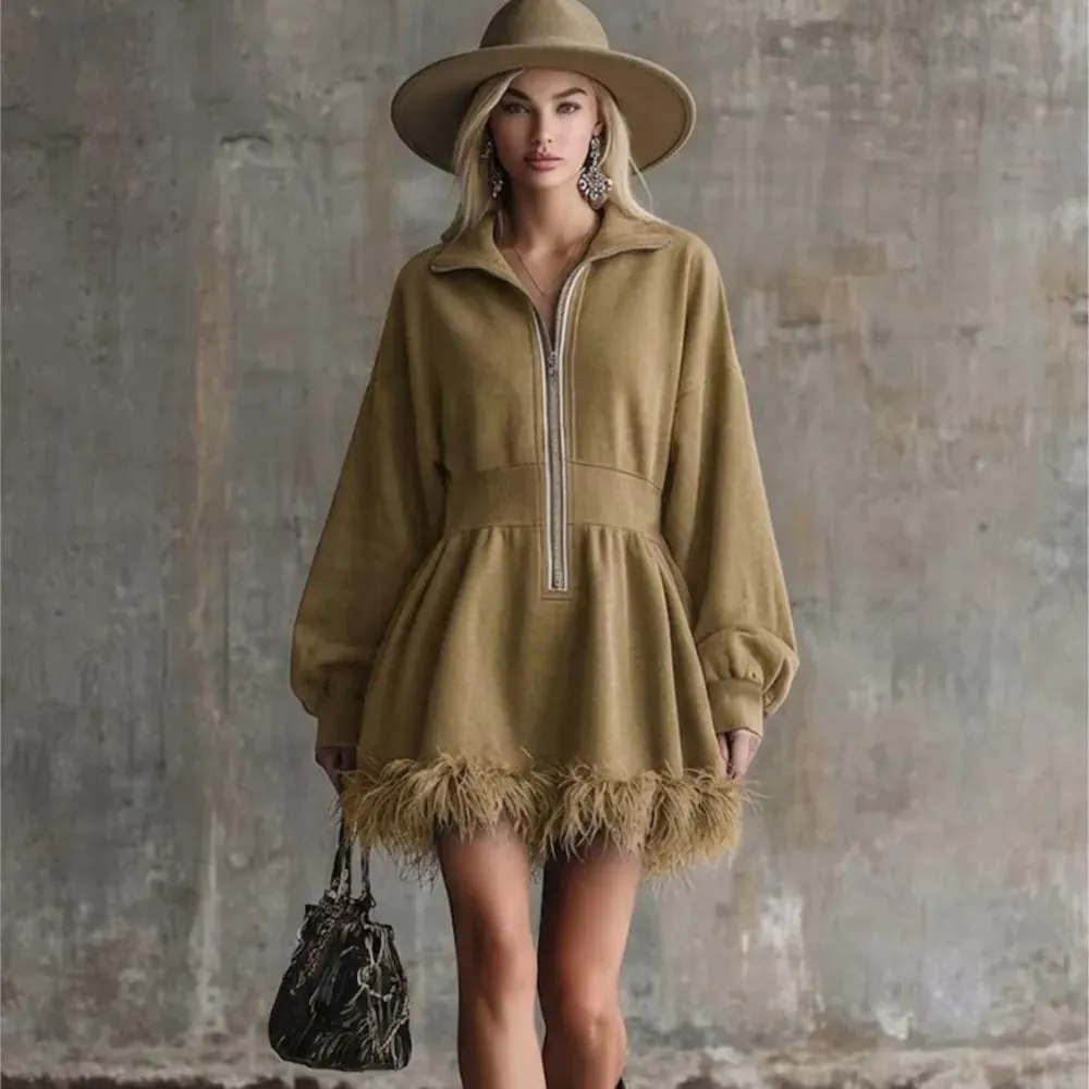 Fashion Dress Autumn Winter Casual Solid Color Simple Street Style Long Sleeved Zipper V-neck Feather Edge Cinched Waist Dresses