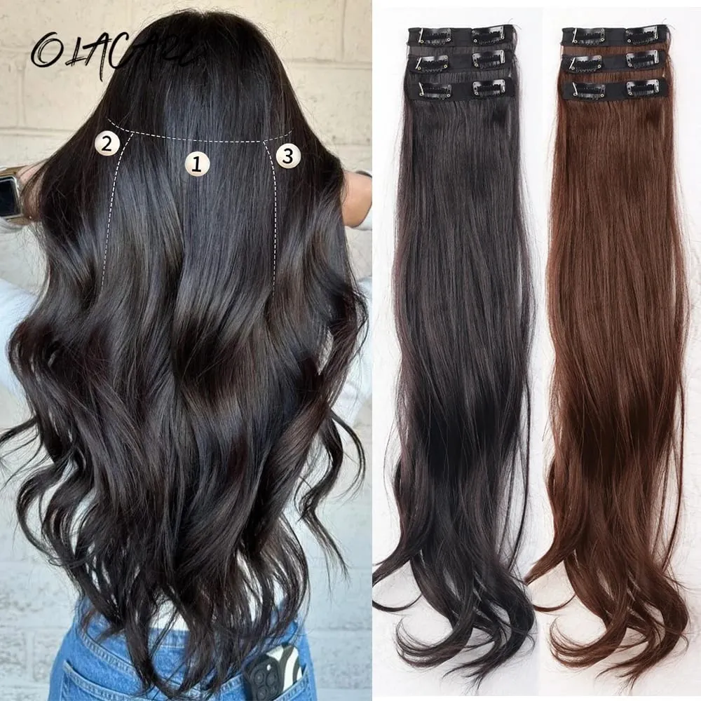 3PCS 24Inch Synthetic Long Curly Wavy Clip In Hair Extension Lightweight Black Brown Hair Accessories Invisible Women Daily