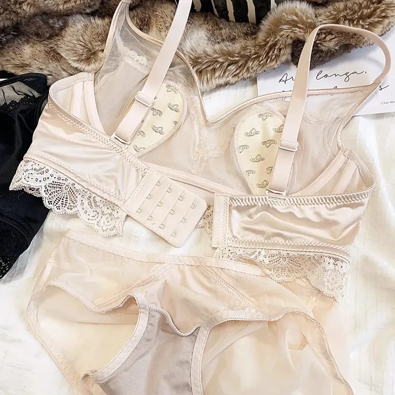 Size Thin Cotton Cup Intimates Lace Women Sexy Push Up Lingerie Sets Wireless Silky Satin Mesh Luxury Lady Underwear