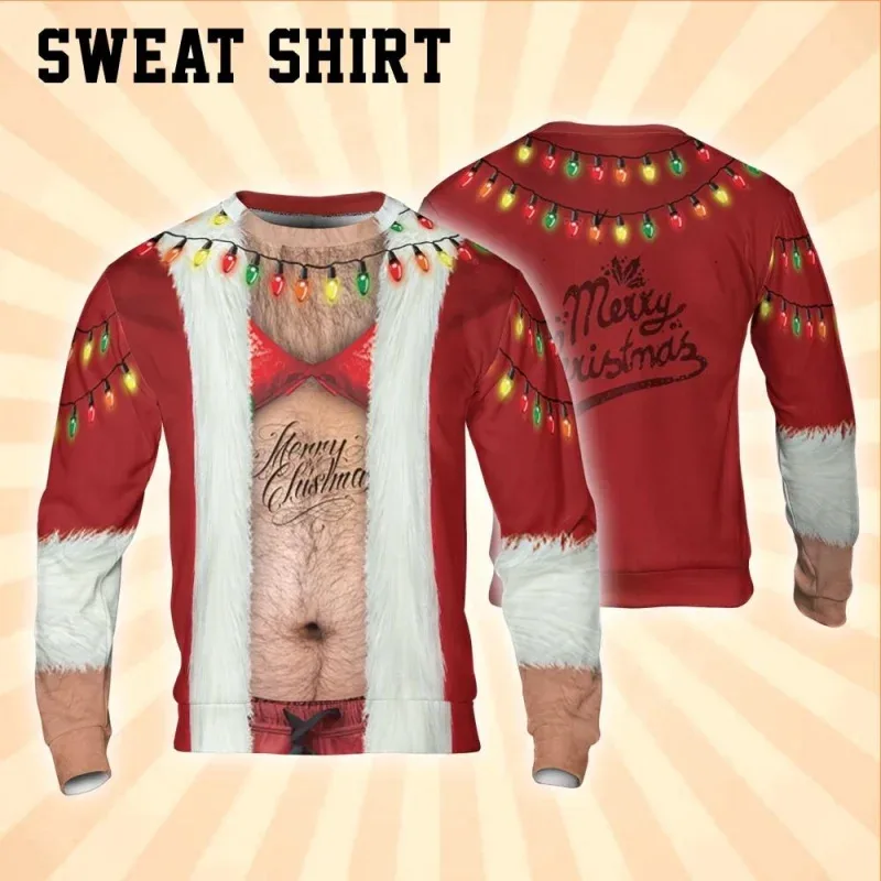 3D Print Ugly Christmas Sweatshirts For Men Women Santa Claus Pattern Long Sleeves Casual Festival Loose Pullover O-Neck Hoodies