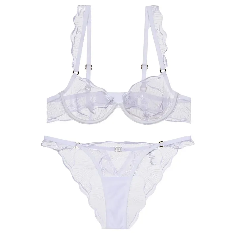 2 Pieces Summer Ultra Thin Breathable Women Underwear Sexy Lace Bra French Mesh Temptation Intimates Lingerie and Briefs Sets