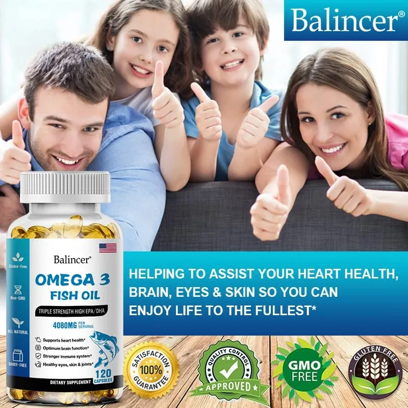 Balincer Wild Caught Omega 3 rybí olej softgels – trojitá síla Vysoký EPA 1200 mg DHA 900 mg Non-GMO Bezlepkový doplněk stravy