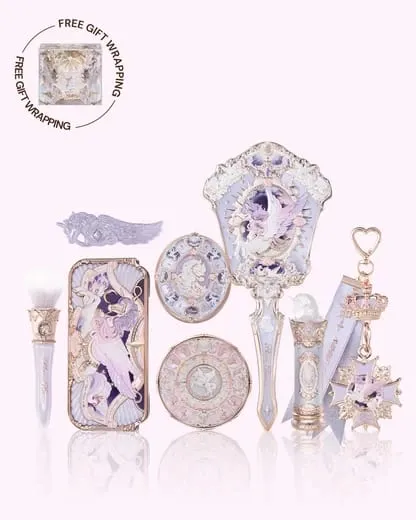 Flower Knows Knight Unicorn Series 10 Piece Makeup Set Eyeshadow Blush Mirror Pink Purple Cosmetics Kit Gift Drawer Box