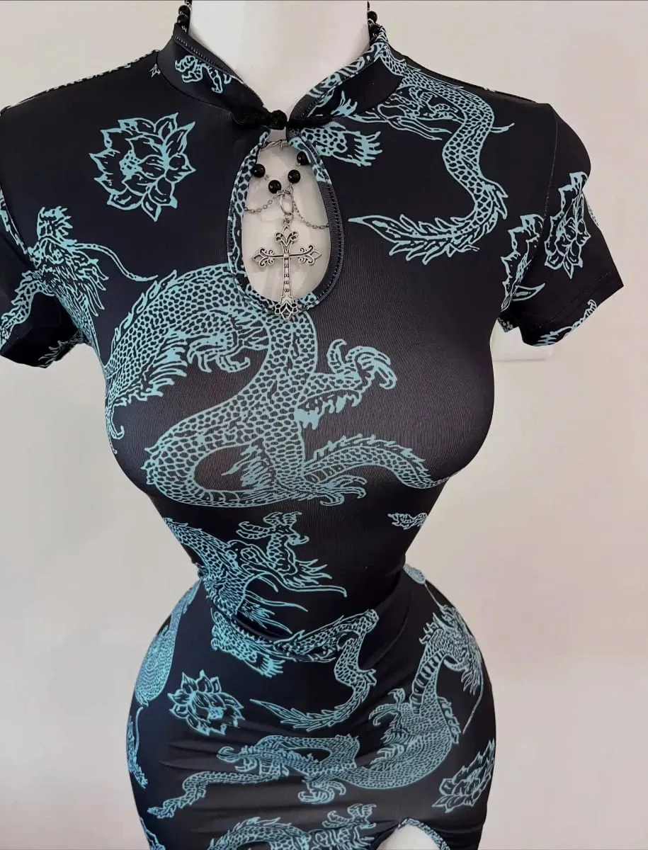 National Trend Style Dragon Pattern Improved Cheongsam Short-Sleeved Stand-Up Collar with Buttoned Sexy Slit Short Skirt