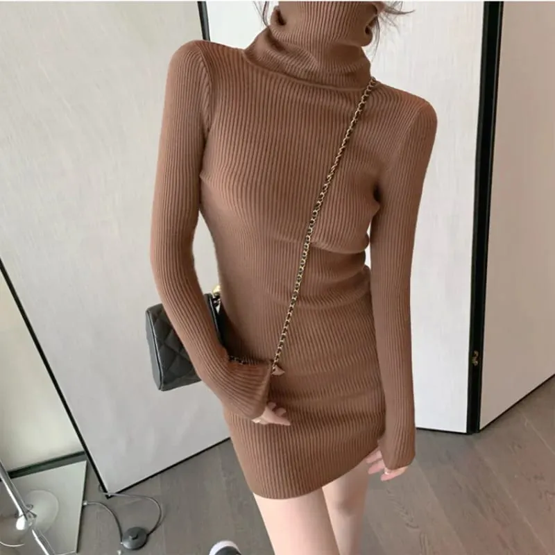 Gaun Bodycon Hangat Turtleneck Musim Gugur Musim Dingin Wanita Gaun Mini Seksi Pullover Kantor Solid Rajutan Lengan Panjang untuk Wanita 2025