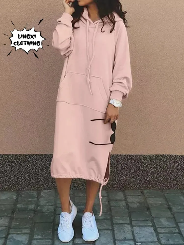 Gaun Panjang Hoodie Hangat Belahan Saku Elegan Berkerudung Besar Jubah Sweter Wanita Baru Mode Musim Gugur dan Musim Dingin 2023