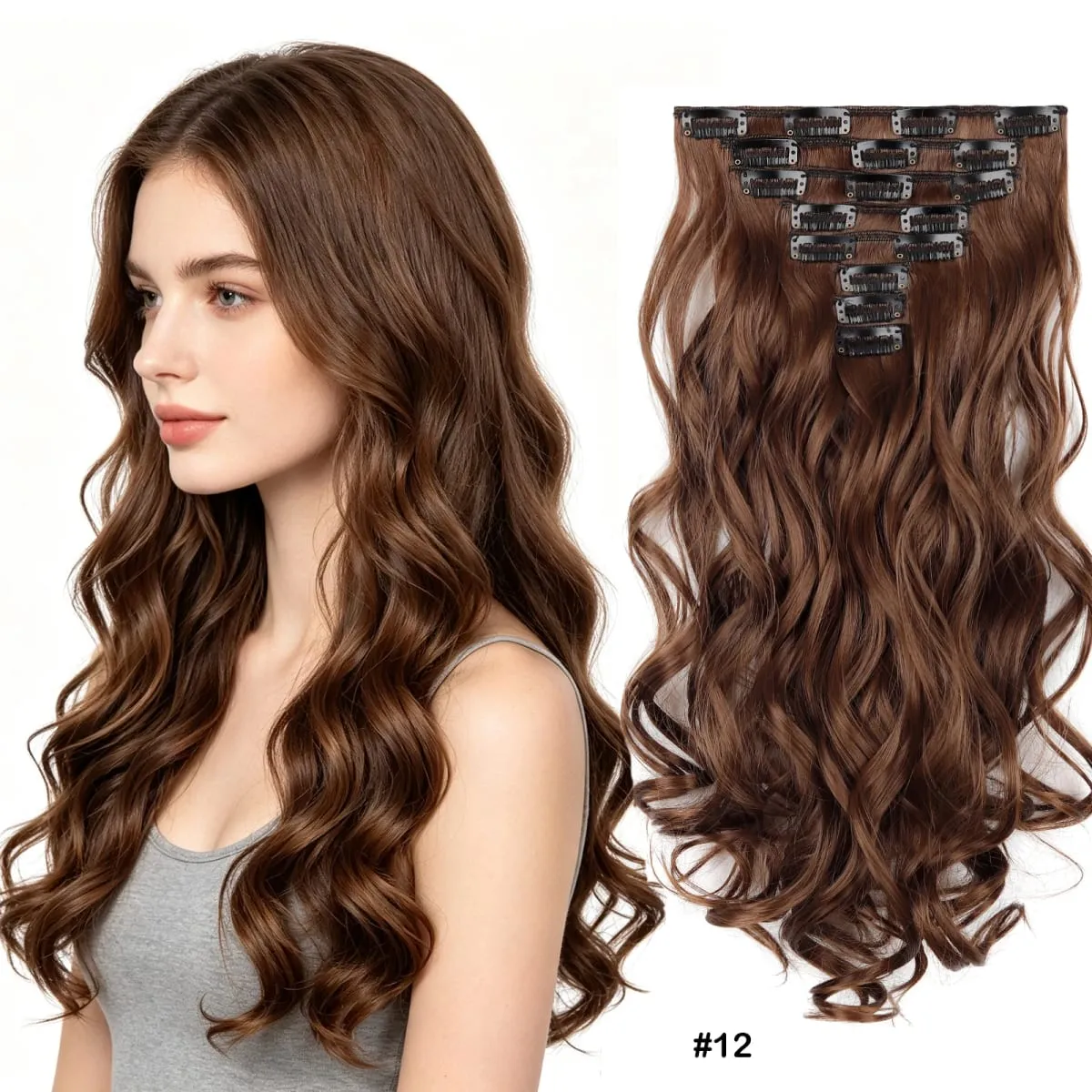 8Pcs Wavy Clip-In Hair Extensions Set 17Clips Matte Synthetic Full Head Hairpiece for Women Easy to Install