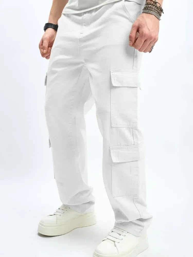 Pánské více kapes Náklad Volné džíny Streetwear Rovné Ležérní Outdoorové kalhoty Pánské oblečení Móda Džínové kalhoty Bílá — image 3