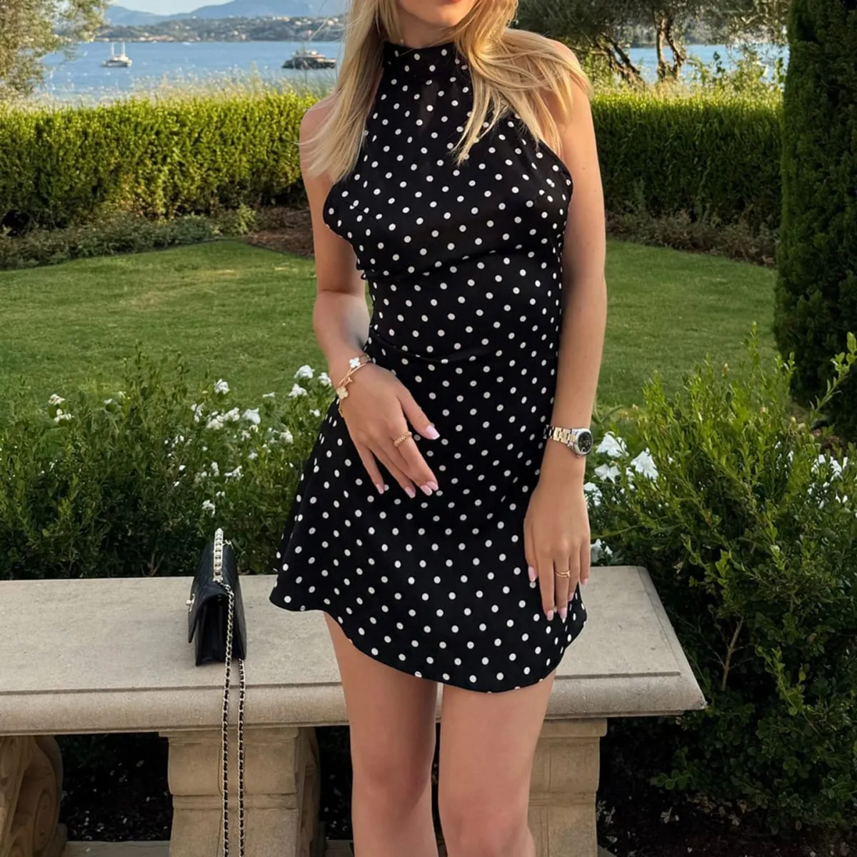 Sexy Polka Dot Print Halter Dress For Women Elegant Party Slim Backless Sleeveless Mini Dress Summer Vacation Outfits