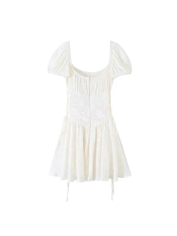 New 2026 Women Mini Dress Square Collar Puff Short Sleeve A Line Dresses Elegant Slim Fit Bandage Party Summer Clothing
