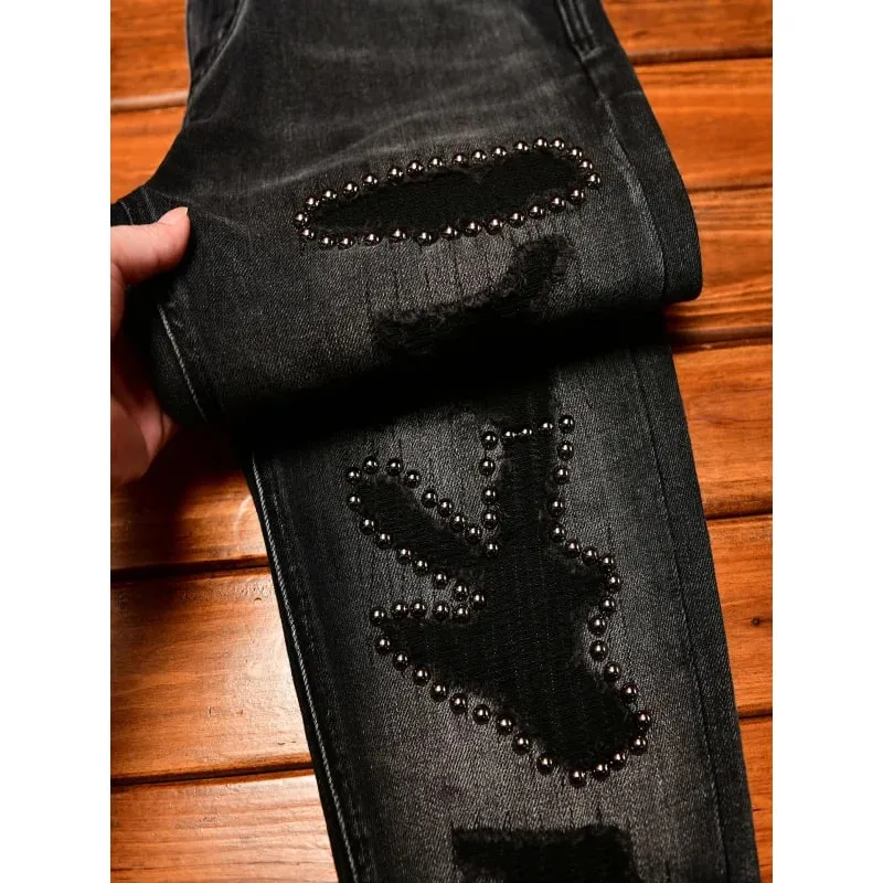 Metal Decor Design Black Jeans Men Trend