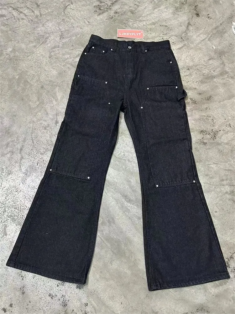 Men's Splicing Black Straight Jeans Spring Trousers Street Style Hip-hop Sweatpants Cool Boys Bottoms Male High Waist Pants