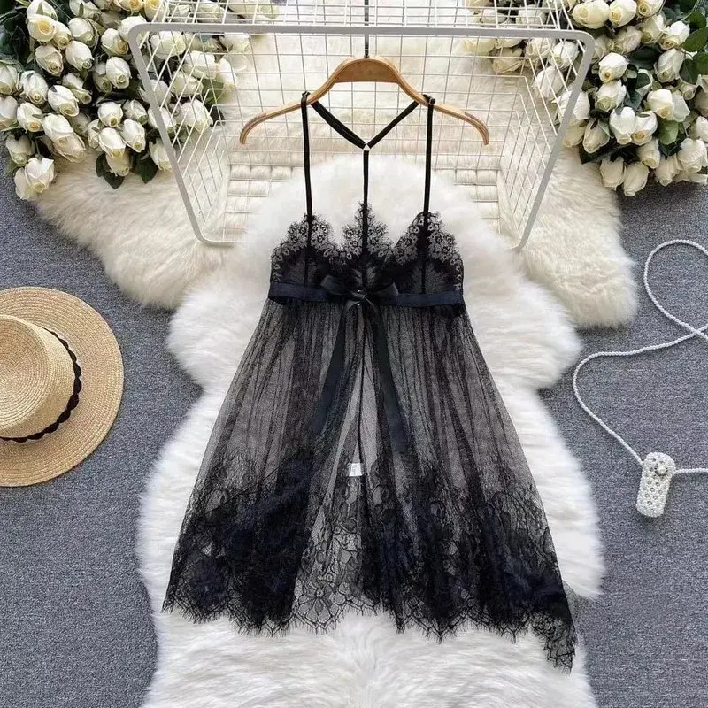 Women Sensual Lace Dress Women V-Neck Open crotch Slim Comfortable Dress Fashion Breathable Sheer Mesh Short Dress New