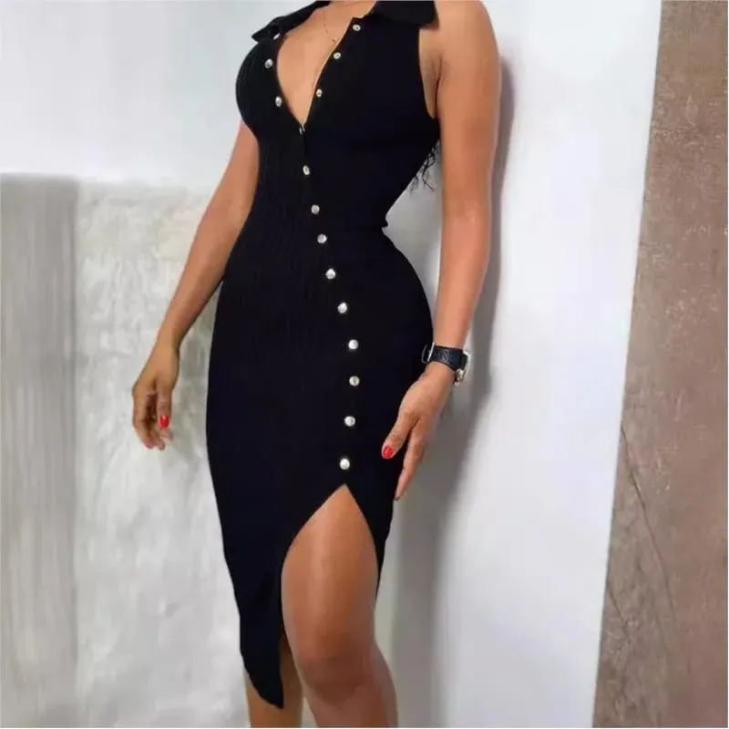 Sleeveless Dress Vestidos Dresses 2025 Woman Vestido Feminino Slim Simple Style All-match Slit Button Solid Color Sexy Commuting