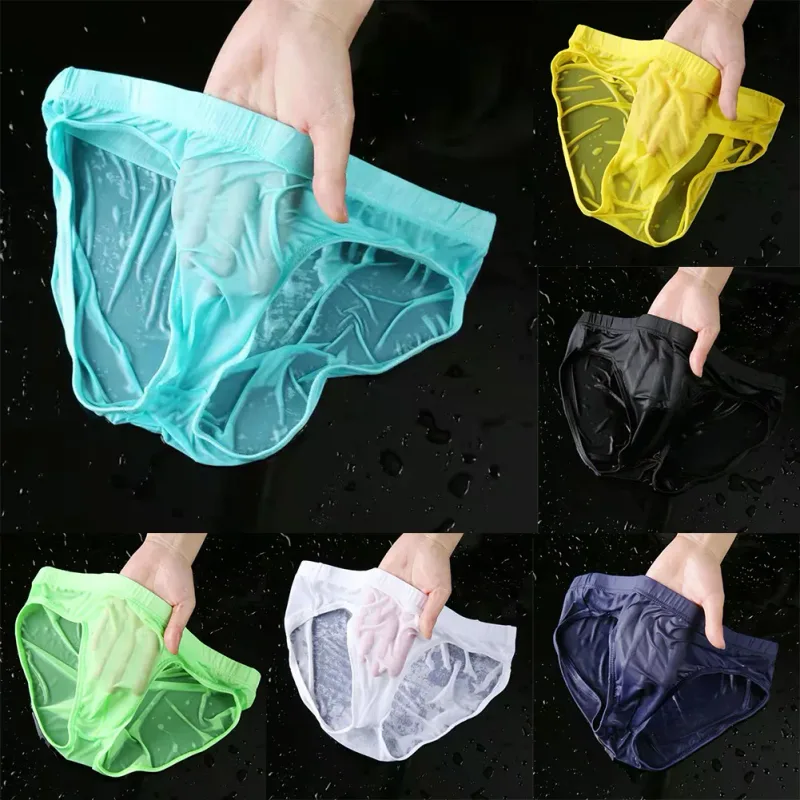 Cuecas masculinas sexy pura de seda gelo roupa interior de secagem rápida u bolsa convexa respirável cuecas de cintura baixa verão resfriamento