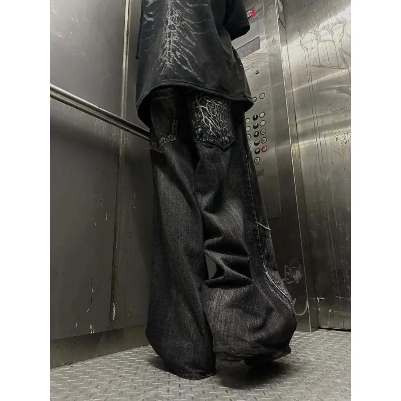 Men Y2K Gothic Spider Baggy Jeans Distressed Washed Raw Edge Wide Leg Denim Pants Hip Hop Streetwear Ghost Loose Trousers