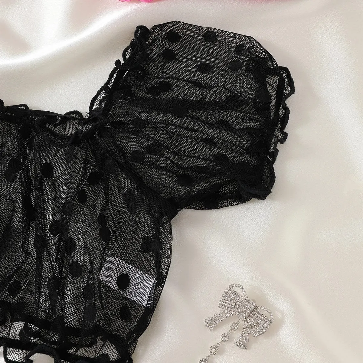 Women 2-Piece Lingerie Dot Embroidery Mesh Fancy Outfit Romantic Underwear Set Bra And Panty Sets — image 4